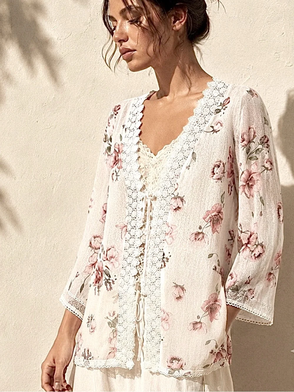 WOMEN CROCHET LACE SHORT TIE CARDIGAN 2X/3X FLORAL BELL SLEEVE MESH ROMANTIC $55